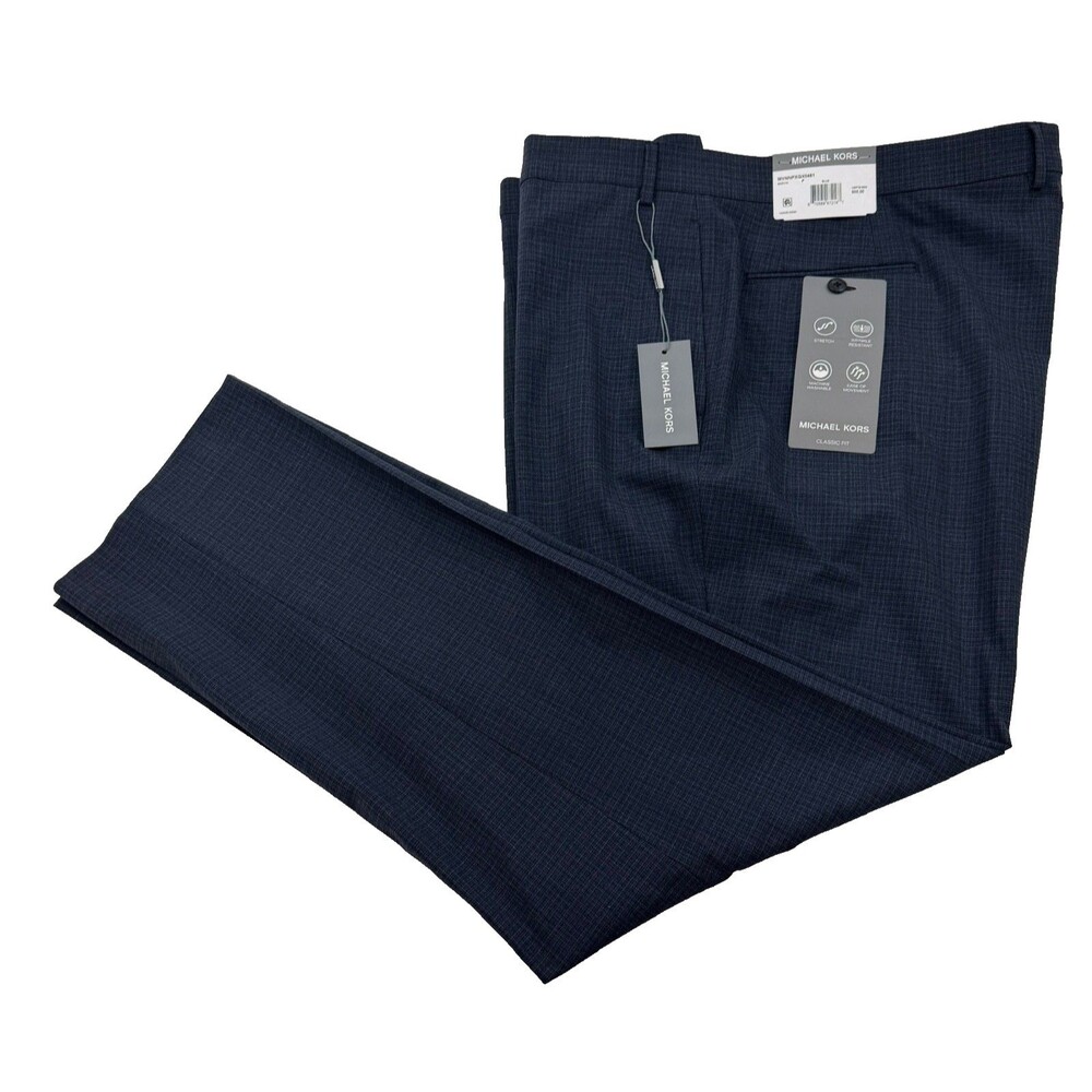 $95 NEW MICHAEL KORS Mens 44x32 Blue Check Stretch Trousers/Dress Pants/Slacks